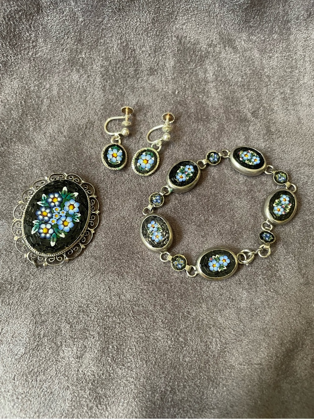 Hand Crafted Micro Mosaic Silver and Floral Earrings, Bracelet, and Brooch Set